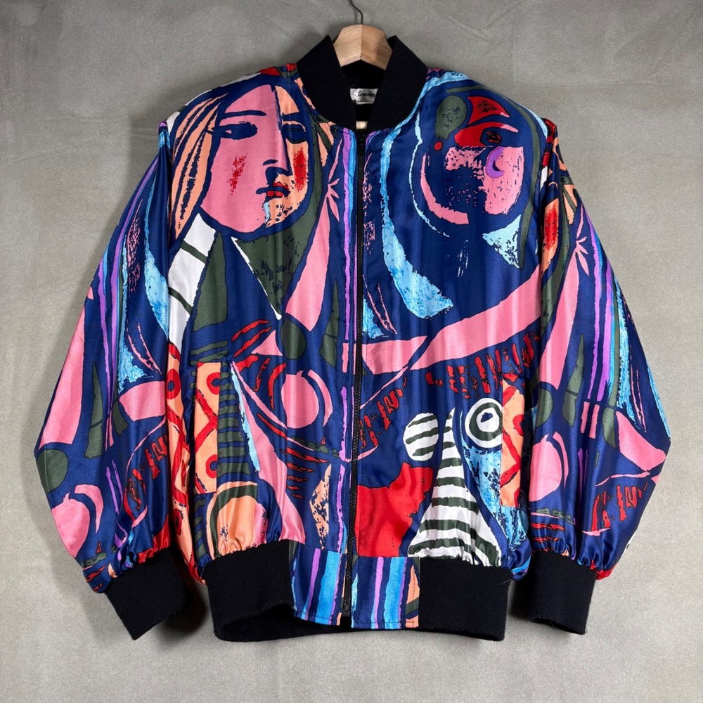Vintage 80s Jemma Abstract Face Art Bomber Jacket Blue Pink Small